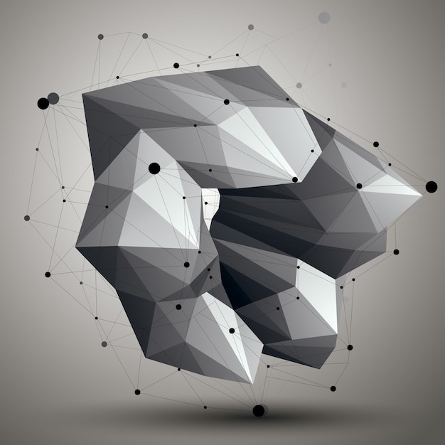 Vector asymmetric 3d abstract object with connected lines and dots, geometric form with lattice structure.