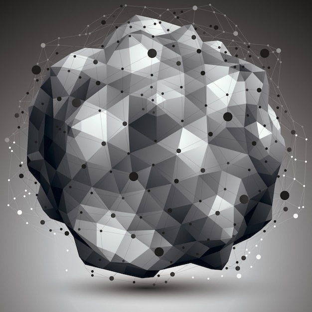 Vector asymmetric 3d abstract object with connected lines and dots, geometric form with lattice structure.