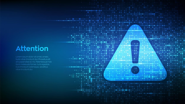 Vector attention symbol made with binary code danger sign virus alert digital binary data and streaming digital code background computer hacked error concept hacking piracy risk vector illustration