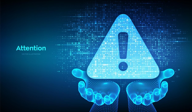 Vector attention symbol made with binary code in wireframe hands danger sign virus alert streaming binary code background computer hacked error concept hacking piracy risk vector illustration