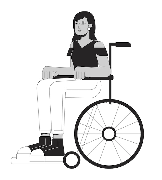 Vector attractive girl in wheelchair flat line black white vector character inclusivity community member editable outline full body person simple cartoon isolated spot illustration for web graphic design