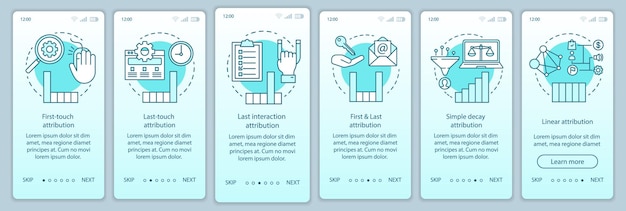 Vector attribution modeling types turquoise onboarding mobile app page screen vector template. diagrams, charts walkthrough website steps with linear illustrations. ux, ui, gui smartphone interface concept