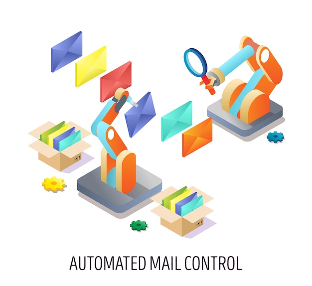 Vector automated email control, vector isometric illustration. receiving, sorting and sending mail. automated mail rules, email management concept for web banner, website page etc.
