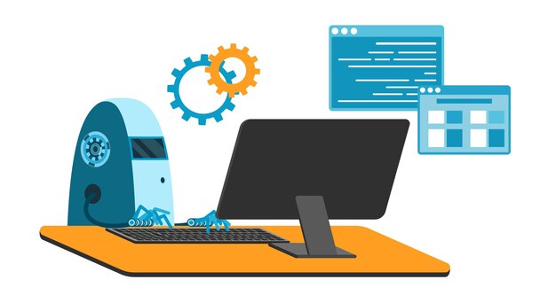 Vector automated work of software business project development robot using keyboard at table