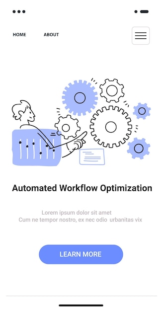 Vector automated workflow optimization concept with gears and person interacting with interface thin line