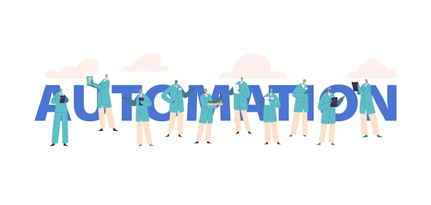 Vector automation concept with characters holding tablets process of using technology and systems to perform tasks without human intervention enhancing efficiency and reducing manual effort vector banner