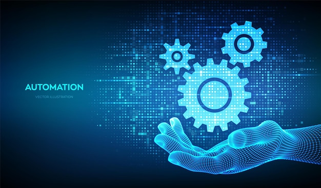Vector automation and iot software concept gears icons made with binary code in wireframe hand