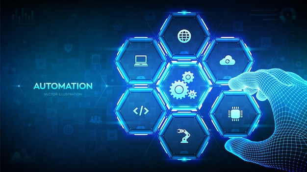 Vector automation software iot and automation concept as an innovation improving productivity in technology wireframe hand places an element into a composition visualizing automation processes vector