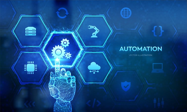 Vector automation software iot automation concept innovation improving productivity hand press button