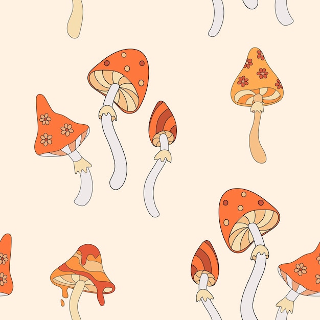 Vector autumn groovy seamless pattern with mushrooms amanita ornament fall vibes retro 70s vector illustration fabric textile design