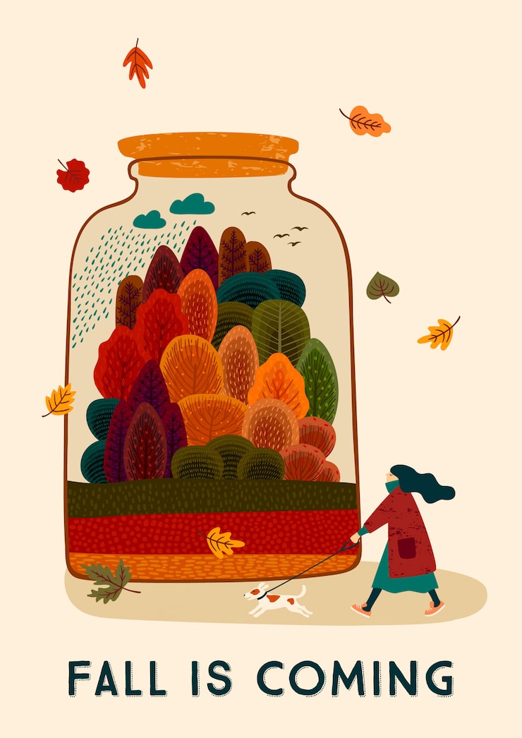 Vector autumn illustration with cute woman and dog.