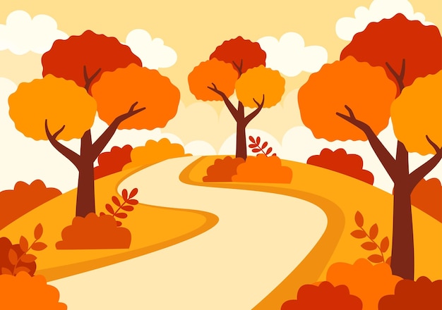 Vector autumn landscape background vector illustration with mountains fields trees and fall leaves