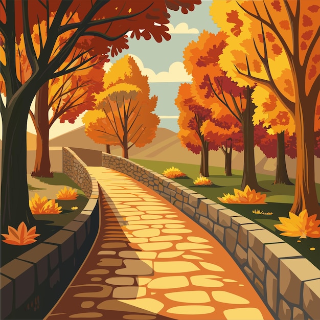 Vector autumn pathway through colorful woods