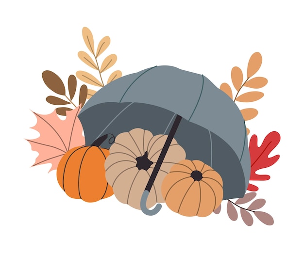 Vector autumn pumpkins forest leaves umbrella isolated on white background