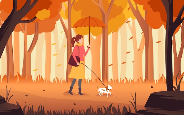 Vector avector illustration of a flat design drawing about a woman walking with her dog and an umbrella in her hand in the afternoon of autumn.