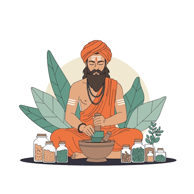 Vector ayurvedic practitioner preparing herbal remedies