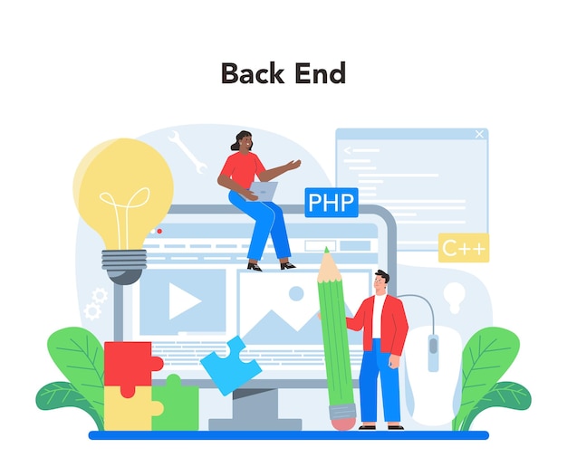 Vector back end development concept software development process website interface design improvement programming and coding it profession isolated flat vector illustration
