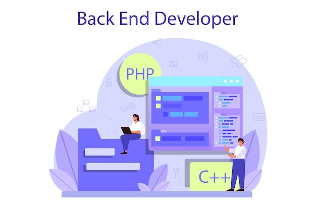 Vector back end development concept. software development process. website interface improvement. programming and coding. it profession.