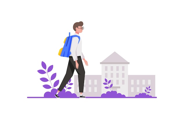 Vector back to school concept in flat design. teenager pupil with schoolbag goes to class. student is studying at university. college education. vector illustration with isolated people scene for web banner
