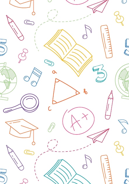 Vector back to school concept of school background seamless pattern with doodles background supplies