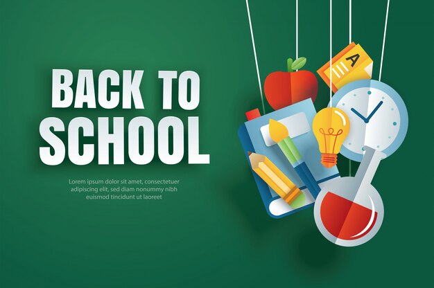Vector back to school with education items hanging on green paper.