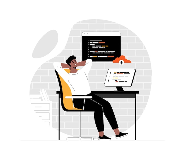 Vector backend development coding and programming man working with program languages doing tasks finding