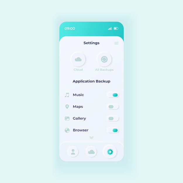 Vector backup application settings smartphone interface  template. mobile app page light design layout. copying parameters screen.  ui for application. server uploading options on phone display.