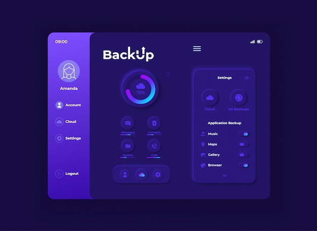 Vector backup application tablet interface  template. mobile app page night mode design layout. cloud storage service screen.  ui for application. data upload process on portable device display.