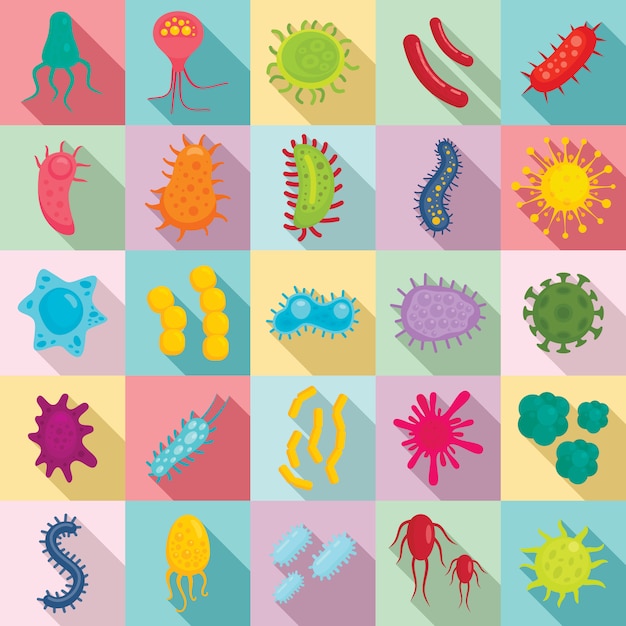 Vector bacteria icons set, flat style