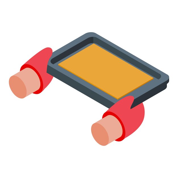 Vector baker holding empty baking sheet using heat resistant gloves isometric view