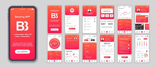 Vector banking mobile app interface screens template set online account balance financial management currency exchange navigation menu pack of ui ux gui kit for application web layout vector design