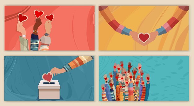 Vector banner poster with hand holding heart donation box editable cover template charity and solidarity donation campaign call for volunteers voluntary concept ngo aid