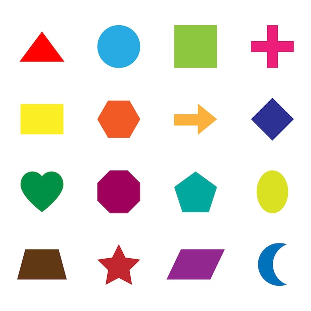 Vector basic flat geometrical shapes for kids math book activities.