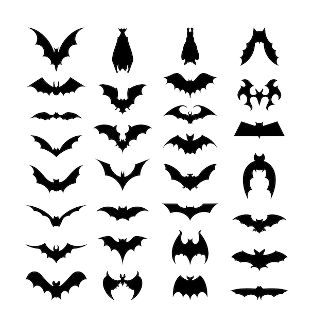 Vector bats set. vector filled icons for creating tattoos and stickers.