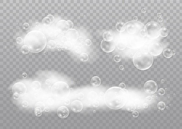 Vector beautiful foam and bubbles on a transparent background. foam mousse with bubbles.