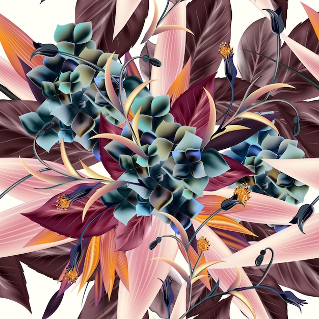 Vector beautiful vector pattern with tropical plants leafs ideal for fabric prints patterns