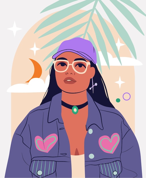 Vector beautiful young woman in glasses and baseball cap hispanic female in groovy outfit