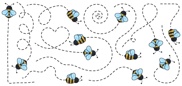 Vector bee flight collection with dotted paths cute bees flying with trails forming shapes and patterns