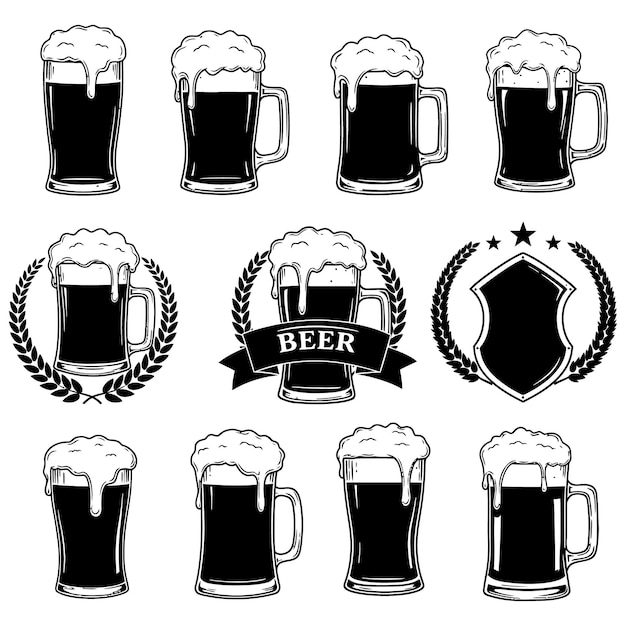Vector beer mug glass silhouettes on a white color background illustration
