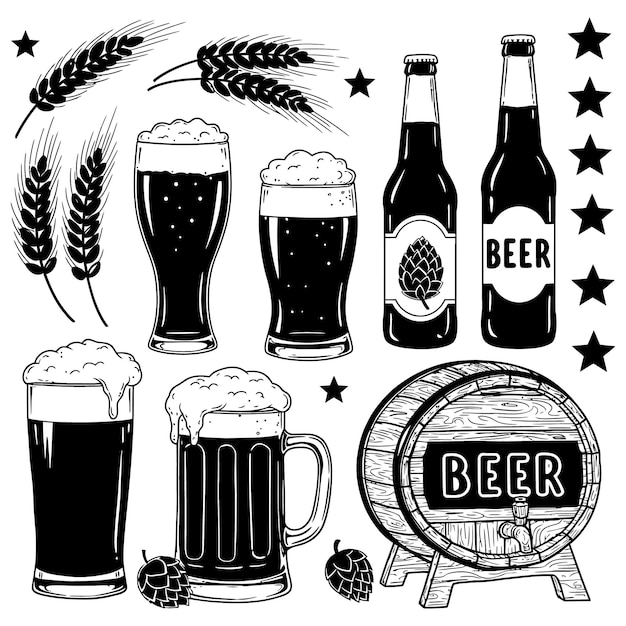 Vector beer mug glass silhouettes on a white color background illustration