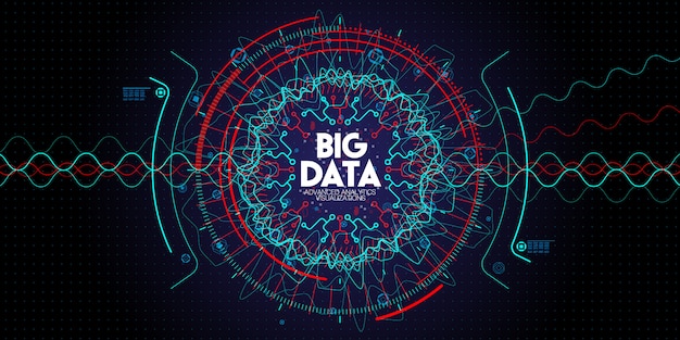 Vector big data advanced technology and visualization with fractal element with lines and dots array on dark