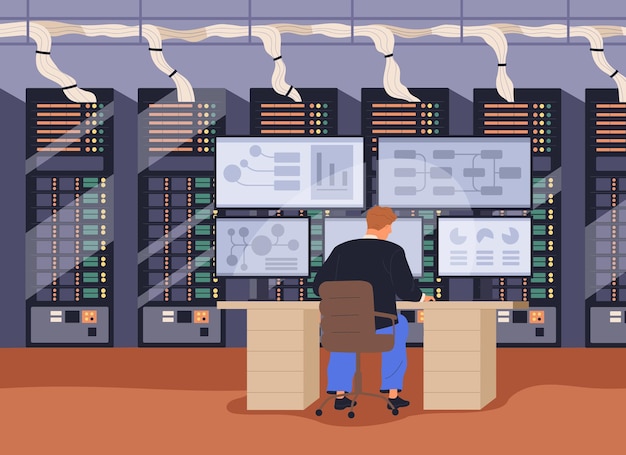 Vector big data analysis, information technology, cyber security control concept. administrator works with statistics, database at multiple monitor computer system in server room. flat vector illustration