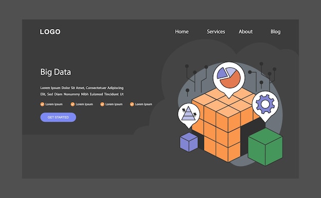 Vector big data dark or night mode web landing datasets with advanced analytics intricate network of data