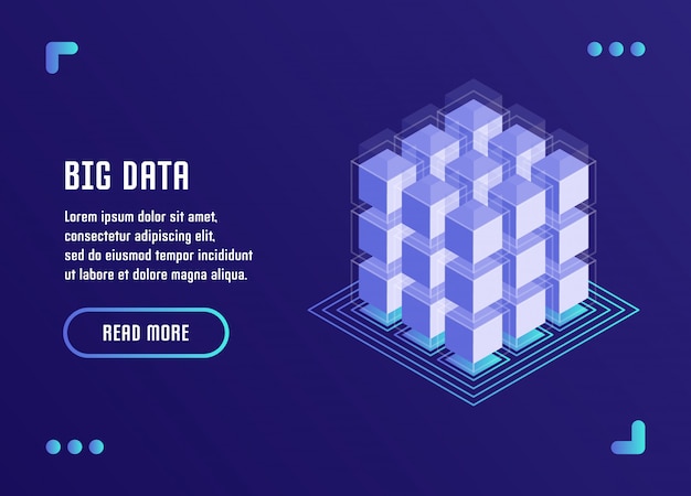 Vector big data processing, data analysis, data storage, blockchain technology. vector illustration in flat isometric 3d style.
