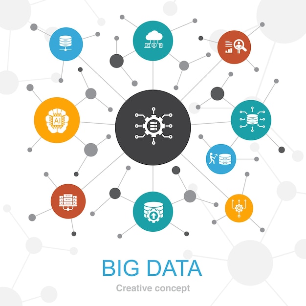 Vector big data trendy web concept with icons contains such icons as database artificial intelligence user behavior data center