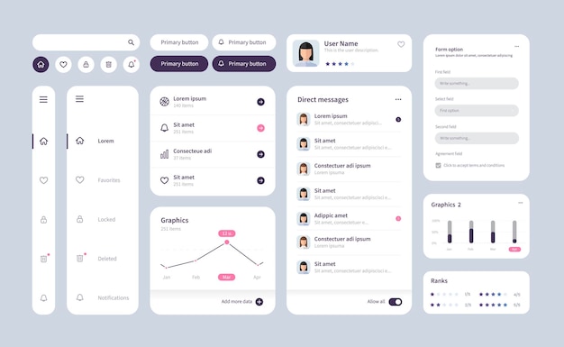 Vector big and improved ui kit for web designing mobile apps with the different buttons charts diagrams