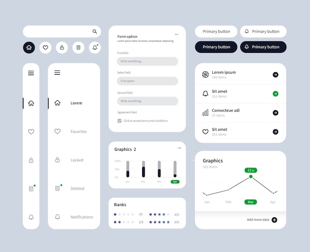 Vector big and improved ui kit for web designing mobile apps with the different buttons charts diagrams