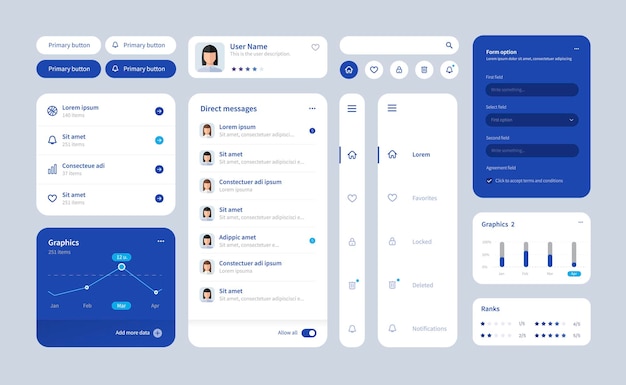 Vector big and improved ui kit for web designing mobile apps with the different buttons charts diagrams