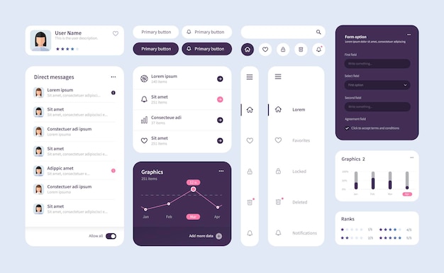 Vector big and improved ui kit for web designing mobile apps with the different buttons charts diagrams