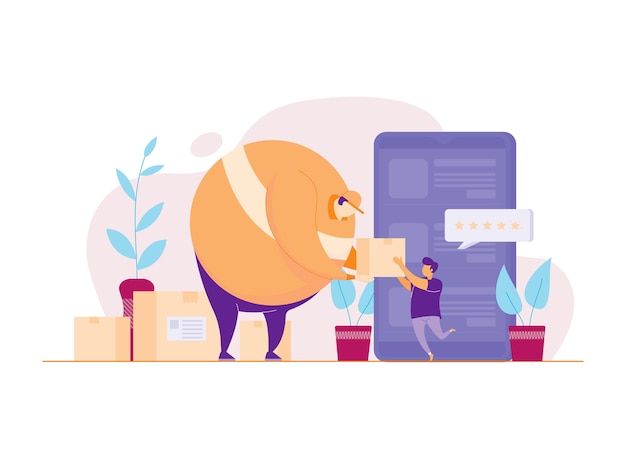 Vector big postman delivering goods to children